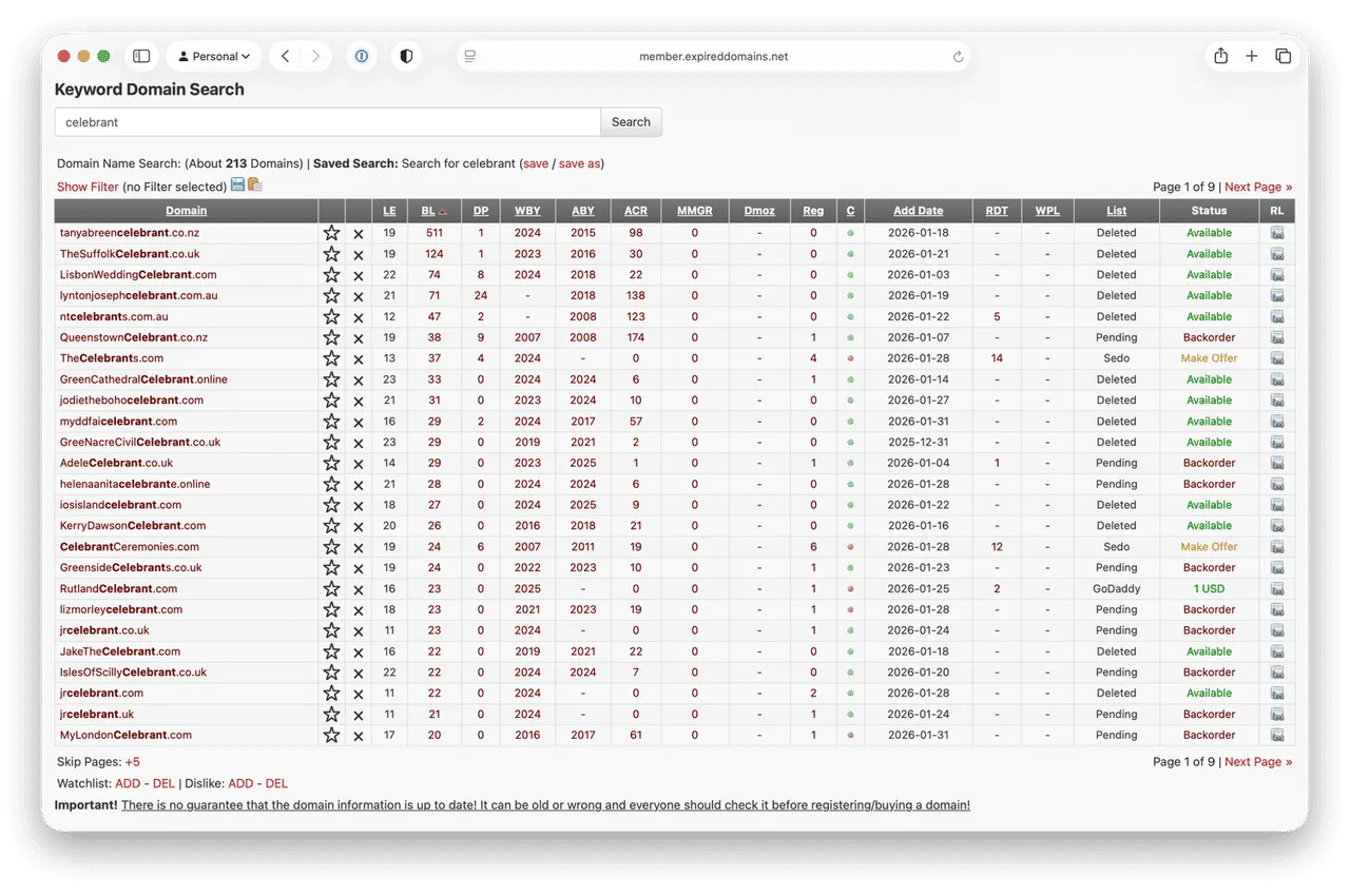 Screenshot of exireddomains.net ⌘