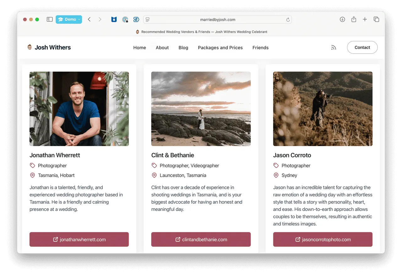 Demonstration of a friends page on marriedbyjosh.com ⌘
