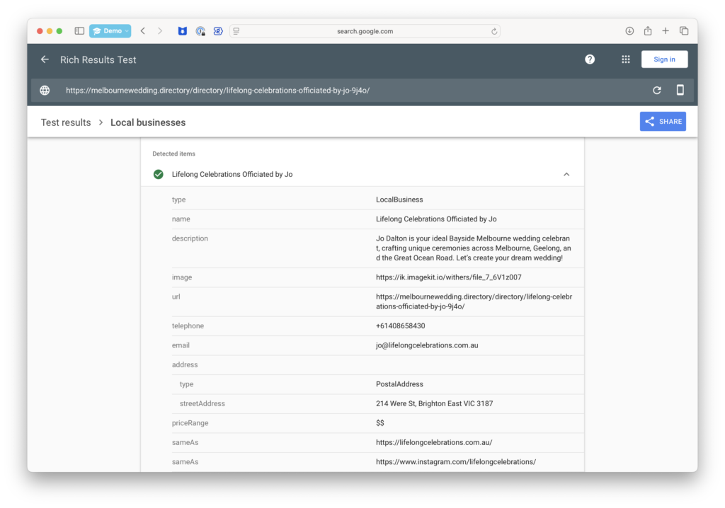 Screenshot of Google Rich Results test